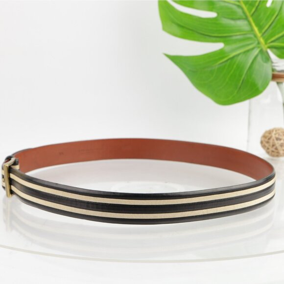 Torino USA Mens Belt Size 44 Black Leather Tan Inlay 1 1/2" Width Brass Buckle - Picture 5 of 16